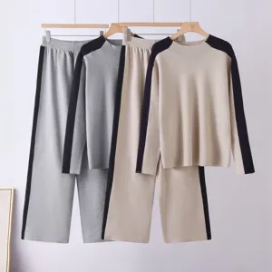 Dames tweedelige set van gebreide trui met kleurblok en wijde broek herfst winter outfit