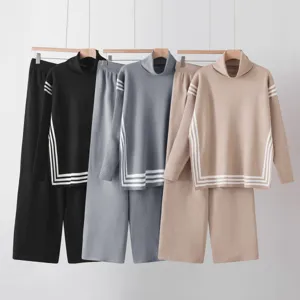 Cozy knit turtleneck sweater and wide-leg trousers two-piece set, ideal for autumn winter.