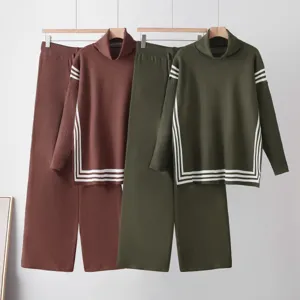 Women autumn winter turtleneck knitted sweater and wide leg pants two piece set casual suit.
