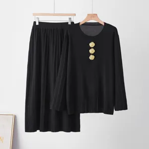 Ensemble Pull en Tricot Élégant et Jupe Longue Plissée pour Femmes Décontracté Manches Longues Col Rond Costume Mode Féminine