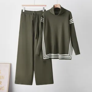 Dark green knit turtleneck sweater and wide-leg pants set, stylish and comfortable outfit.