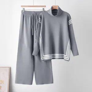 Grey turtleneck knit sweater and wide leg pants set detail view, cozy winter women outfit