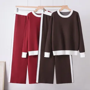 Women color block knit sweater and wide leg pants two piece set autumn winter outfit