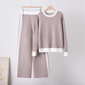 Women autumn winter contrast color knit sweater and wide leg pants two piece set detail