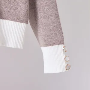 Women knit sweater sleeve detail brown white contrast cuff gold buttons chic style