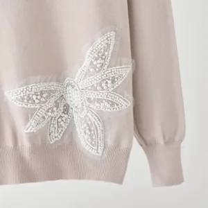 Knit sweater detail with pearl butterfly mesh applique long sleeve top casual chic womens autumn fashion