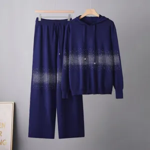Set Felpa con Cappuccio Casual e Pantaloni Gamba Larga da Donna Tuta in Maglia con Strass Hotfix Outfit Due Pezzi