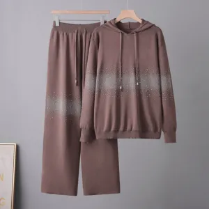 Set felpa con cappuccio in maglia e pantaloni larghi con strass sfumati, comodo autunno.