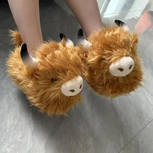 Pantofole in Cotone da Donna Cute Peluche Highland Cow Inverno Caldo Interno Suola Spessa Cartoon Animal House