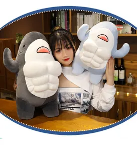 Close-up view of the creative muscular shark plush toy scene, soft and fun hugging pillow.