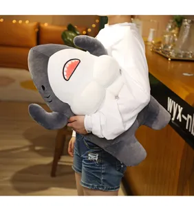 Detailed view of the creative muscle shark plush toy pillow, soft stuffed doll gift.