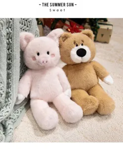 Cute plush pig and brown bear toys set, cozy lifestyle scene detail display on carpet.