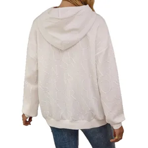 Damen lässiger lockerer Kapuzenpullover langarm mit 3D geprägtem Buchstabenmuster weißes Oberteil