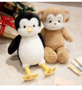Cute animal plush toys set, soft stuffed penguin and monkey dolls for girls decor and gift.