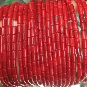 Detailed view of polished red agate tube beads for DIY jewelry making, 4x7mm size