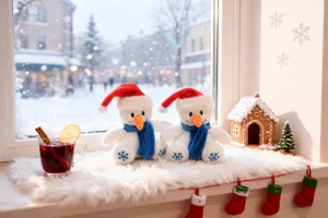 Noël mignon bonhomme de neige peluche poupée détail montrant le tissu doux et design festif