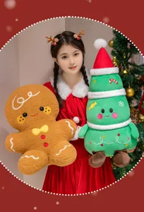 Detailansicht Weihnachtsplueschspielzeug, Lebkuchenmann und Tannenbaum, weiches Feiertagsgeschenk.