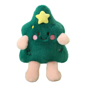 Cute Christmas tree plush toy doll with pink limbs and yellow star, soft stuffed holiday gift.