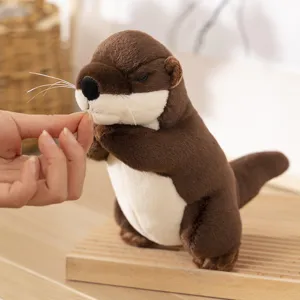 Close-up of a cute brown plush otter toy with closed eyes, soft fur, and delicate long whiskers.