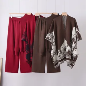 Women cozy knit three piece set cardigan cape turtleneck sweater wide leg pants winter wear