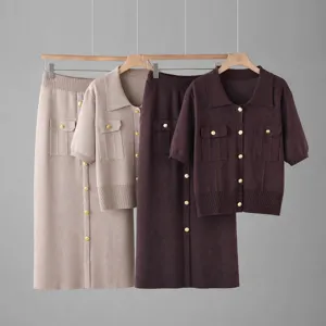 Elegant women French chic knit two piece set short sleeve polo cardigan and midi skirt.