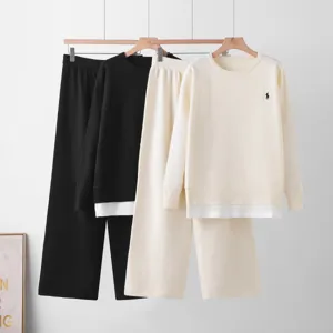 Women knitted two piece set long sleeve sweater and high waist wide leg pants casual outfit