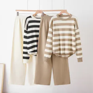 Detailed view of the striped knit sweater and trousers two-piece set, casual style.