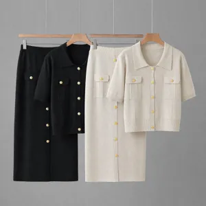 French knit two piece set short sleeve polo cardigan and midi skirt elegant fashion suit