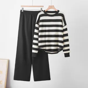 Chic black and white striped knit sweater and wide-leg pants set for women autumn winter.