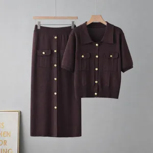Detailed view of the brown knit two-piece set featuring short-sleeve polo top and midi skirt.