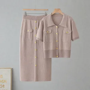 Knit two-piece skirt set featuring short sleeve polo collar top and midi skirt with gold buttons.