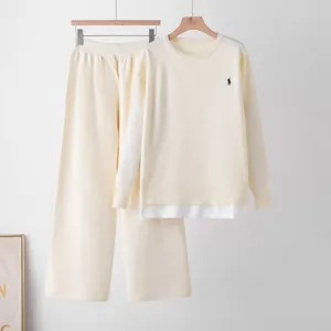 Women knit two-piece set crew neck long sleeve top high waist wide leg casual pants beige