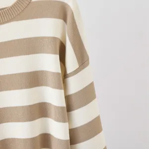 Close-up view of the striped knit sweater, showcasing soft texture, crew neck and cozy style.