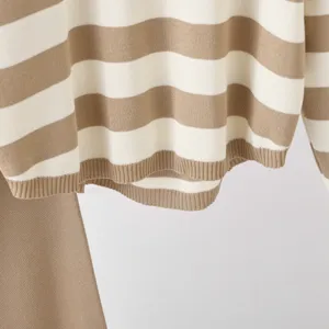 Brown white striped knit sweater detail texture soft fabric comfortable casual long sleeve top
