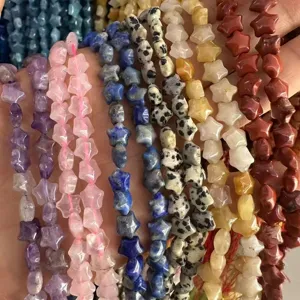 Close-up of 8mm star-shaped natural stone beads in assorted colorful quartz crystals