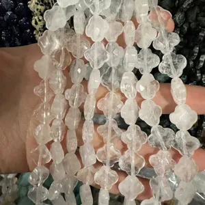 Detailed view of 12mm clear faceted clover natural stone beads for DIY jewelry