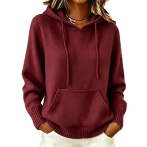 Women casual knit hoodie sweater with pocket and drawstring, loose fit autumn winter top.