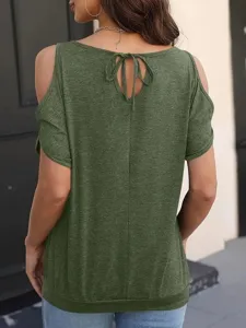 Detailed back view of women solid green cold shoulder short sleeve top with cute back tie.