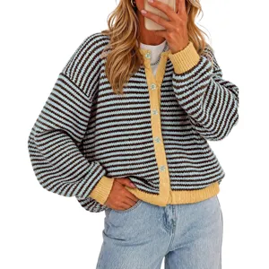 Women's Casual Striped Button Front Long Sleeve Knitted Cardigan Crew Neck Regular Fit Sweater Top