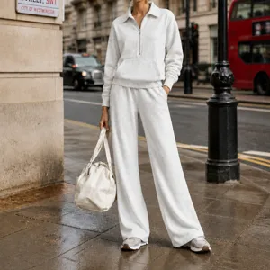 Women's Casual Sporty Half Zip Sweatshirt And Long Pants Top And Bottom Solid Color Loose Fit Tracksuit
