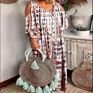Vestido largo maxi bohemio con hombros descubiertos tie-dye casual verano para mujeres