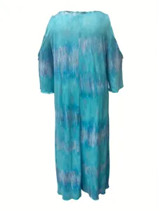 Detalle del vestido largo bohemio tie-dye, vestido maxi casual holgado para verano.