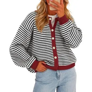 Women's black and white striped knit cardigan sweater with button-down casual outerwear