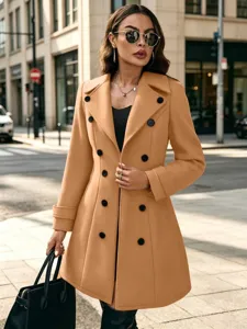 Damen camel zweireihiger Wollmantel Winter Mode Revers Trenchcoat Strassenoutfit elegant