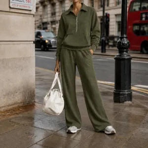 Women Olive Green Half Zip Sweatshirt Tracksuit Casual Two Piece Set Autumn Winter