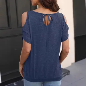 Women solid color short sleeve cold shoulder t-shirt casual elegant back tie top fashion