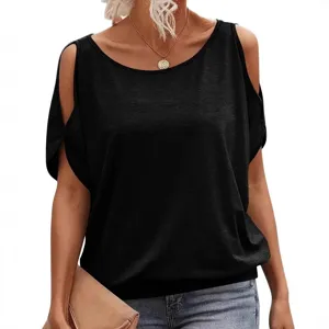 Women casual solid cold shoulder short sleeve t-shirt fashion summer tee top for daily wear