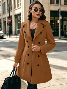 Damen Wollmantel zweireihig Revers Herbst Winter Mode Trenchcoat elegante Oberbekleidung