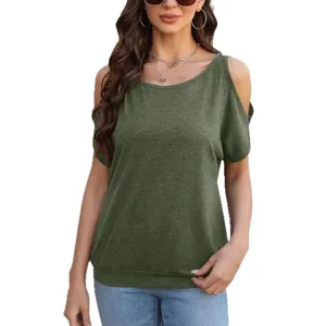 Women casual cold shoulder short sleeve solid color top fashion summer basic t-shirt