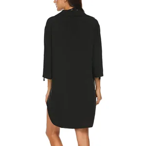 Black beach cover-up dress for women, casual long sleeve shirt dress for summer swimwear.